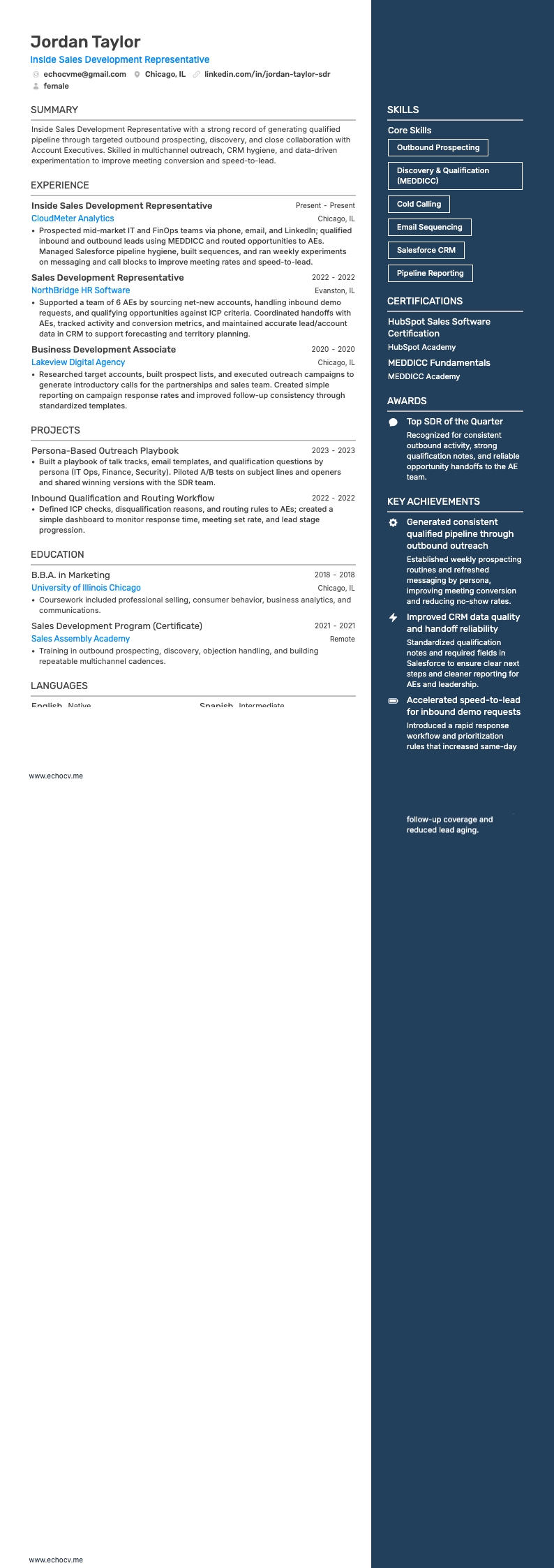 Inside Sales Development Representative example resume