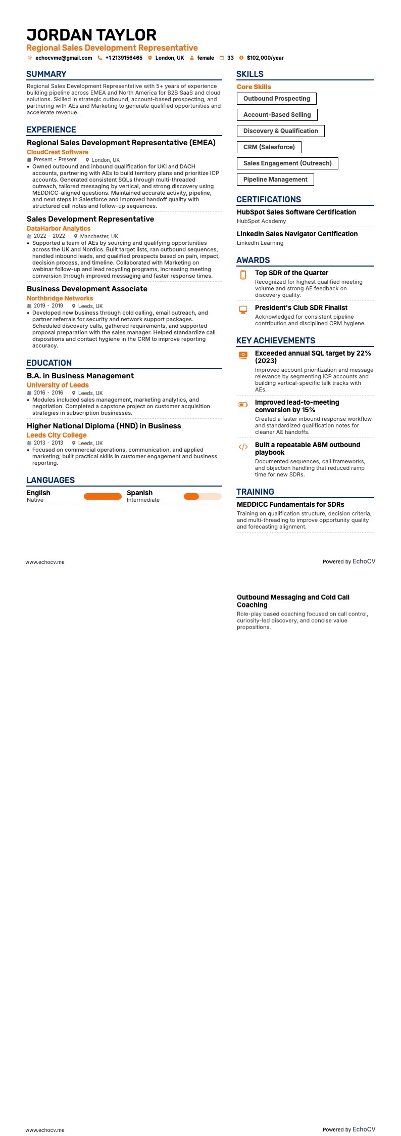 Regional Sales Development Representative example resume