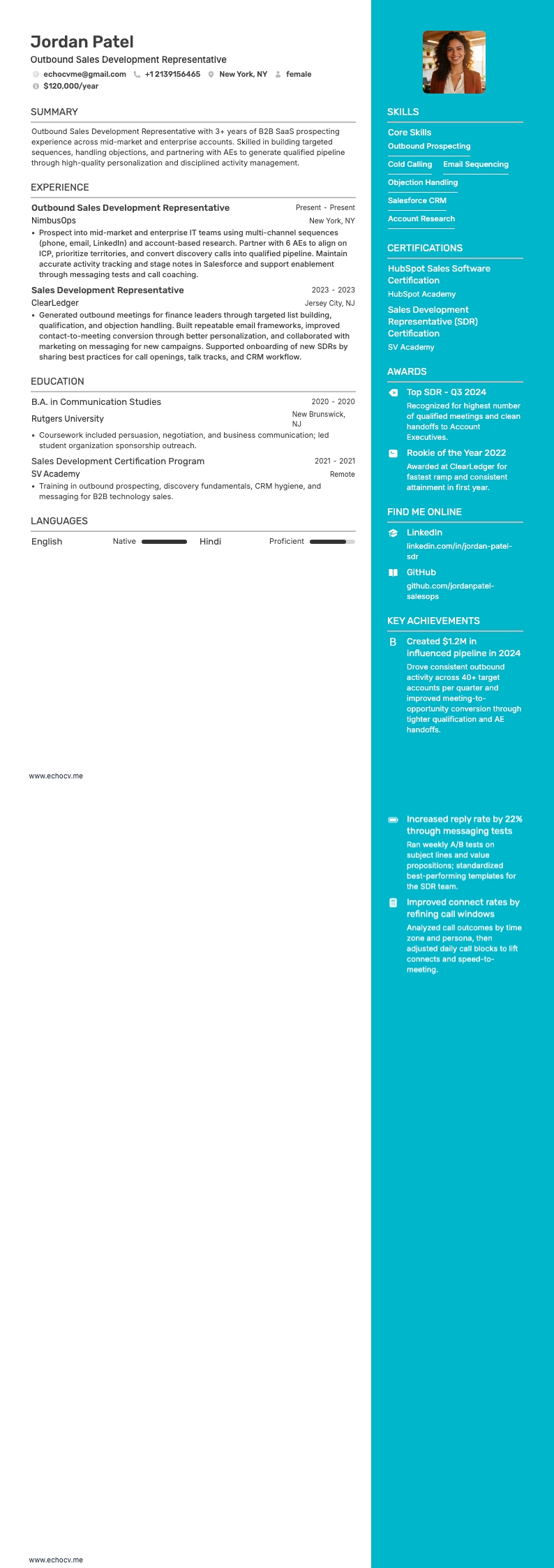 Outbound Sales Development Representative example resume