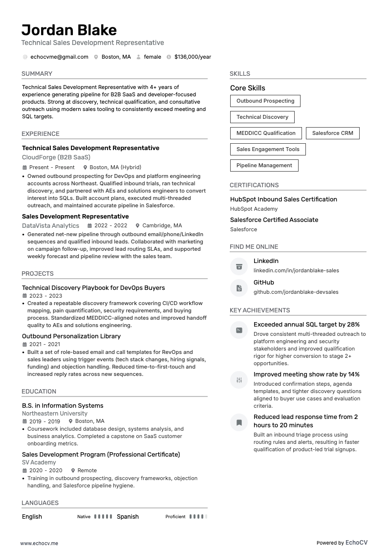 Technical Sales Development Representative example resume