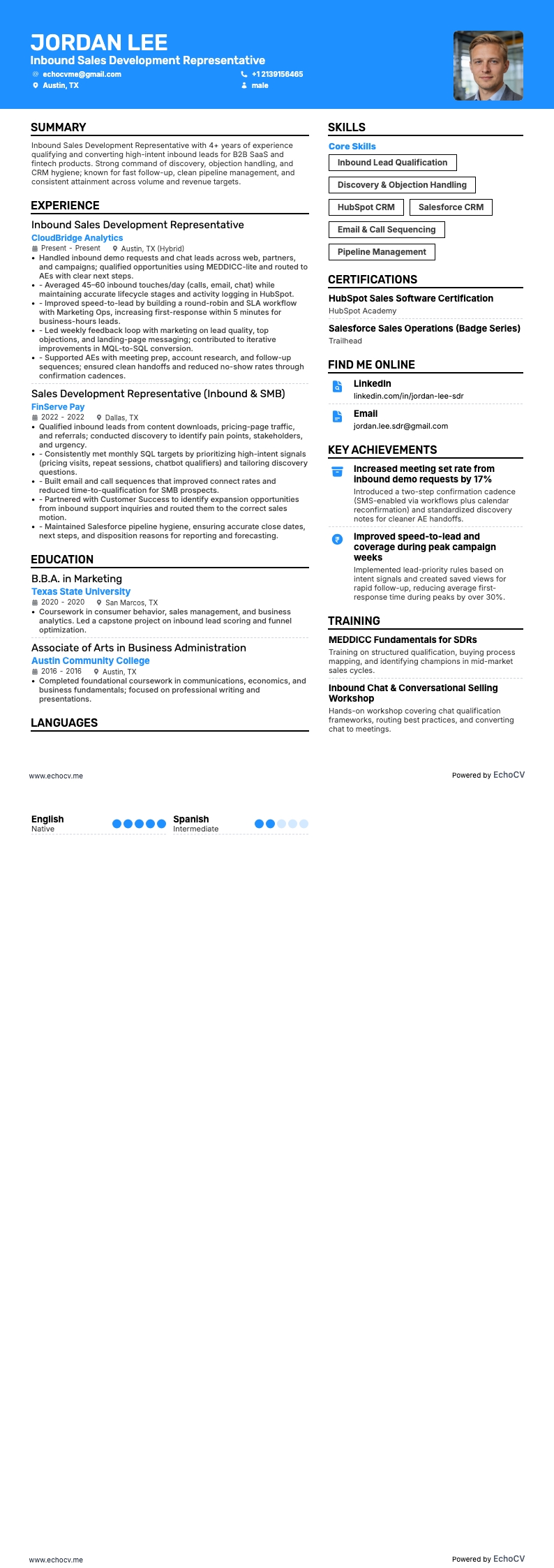 Inbound Sales Development Representative example resume