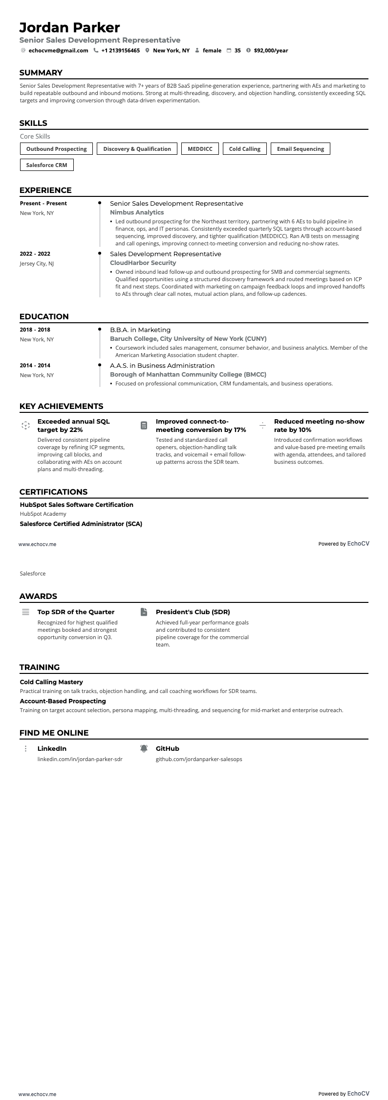 Senior Sales Development Representative resume example