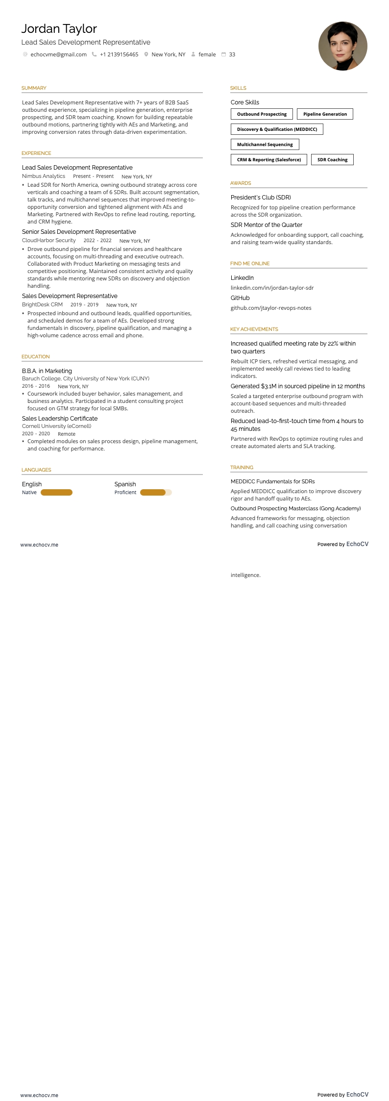 Lead Sales Development Representative example resume