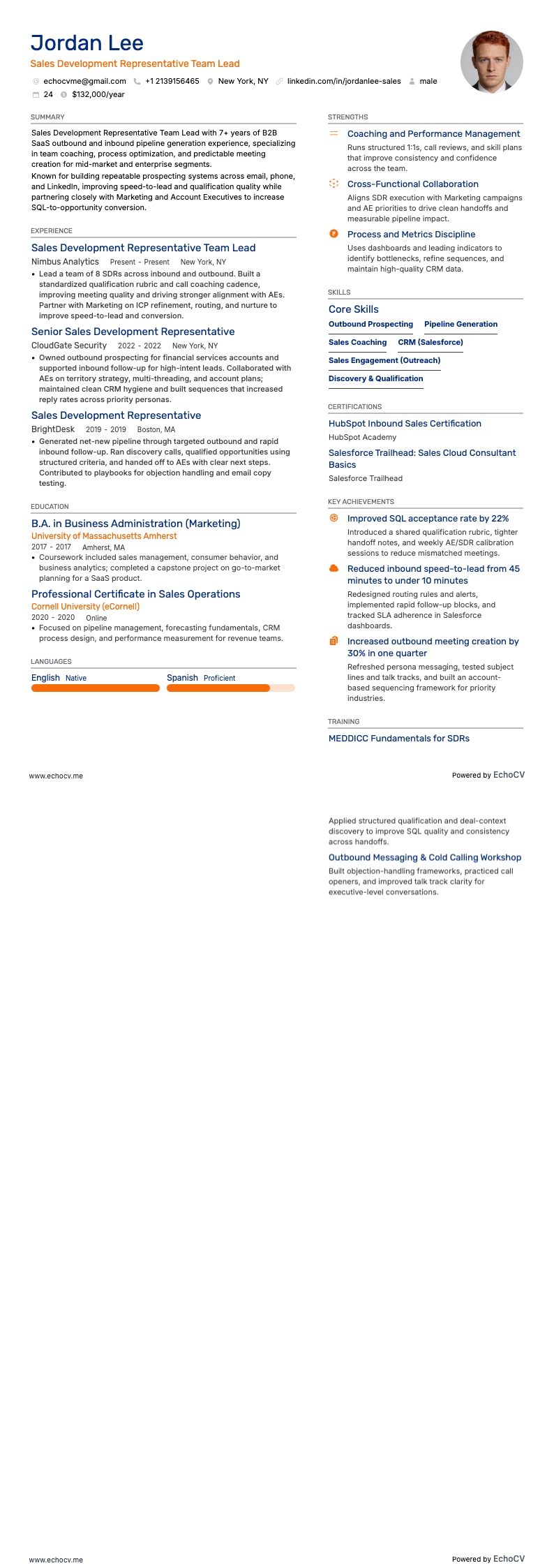 Sales Development Representative resume example