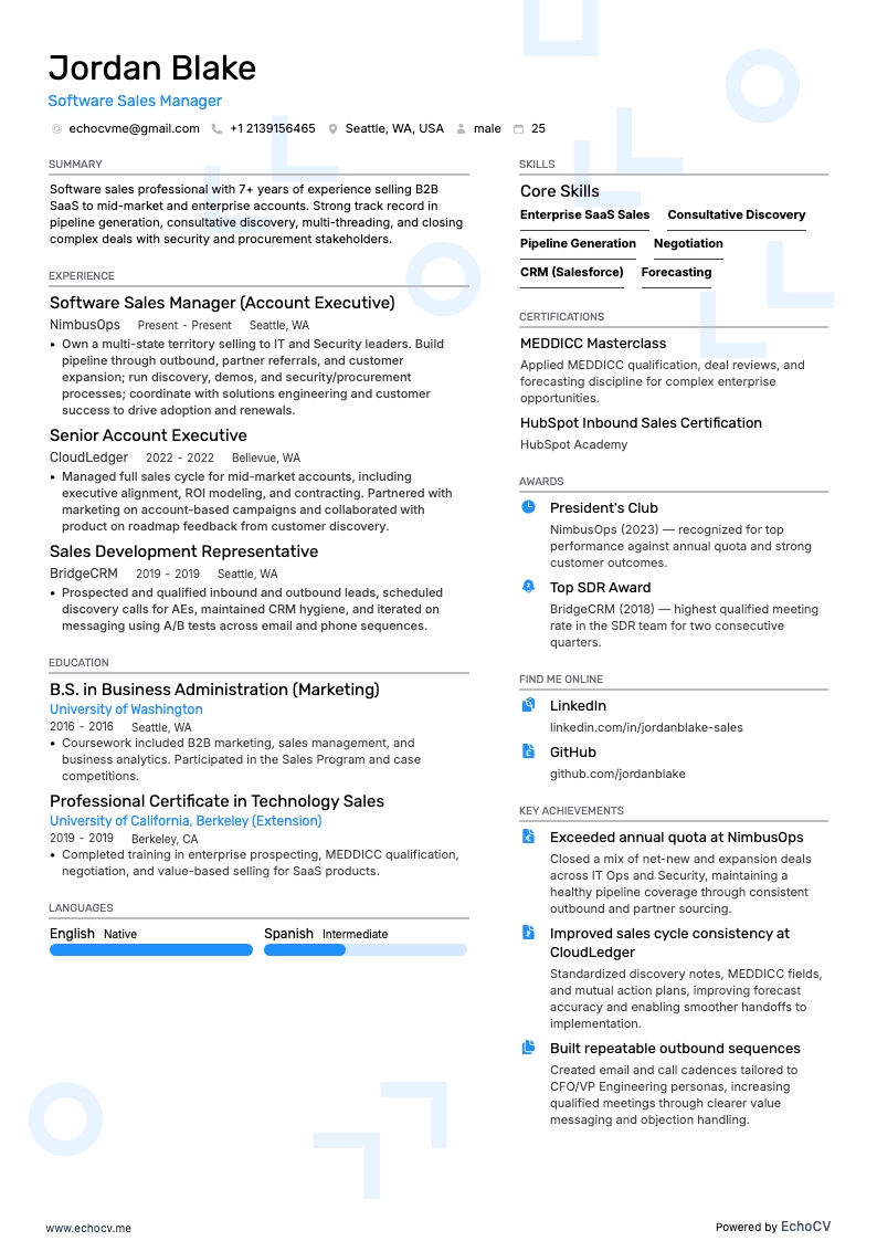 Software Sales example resume