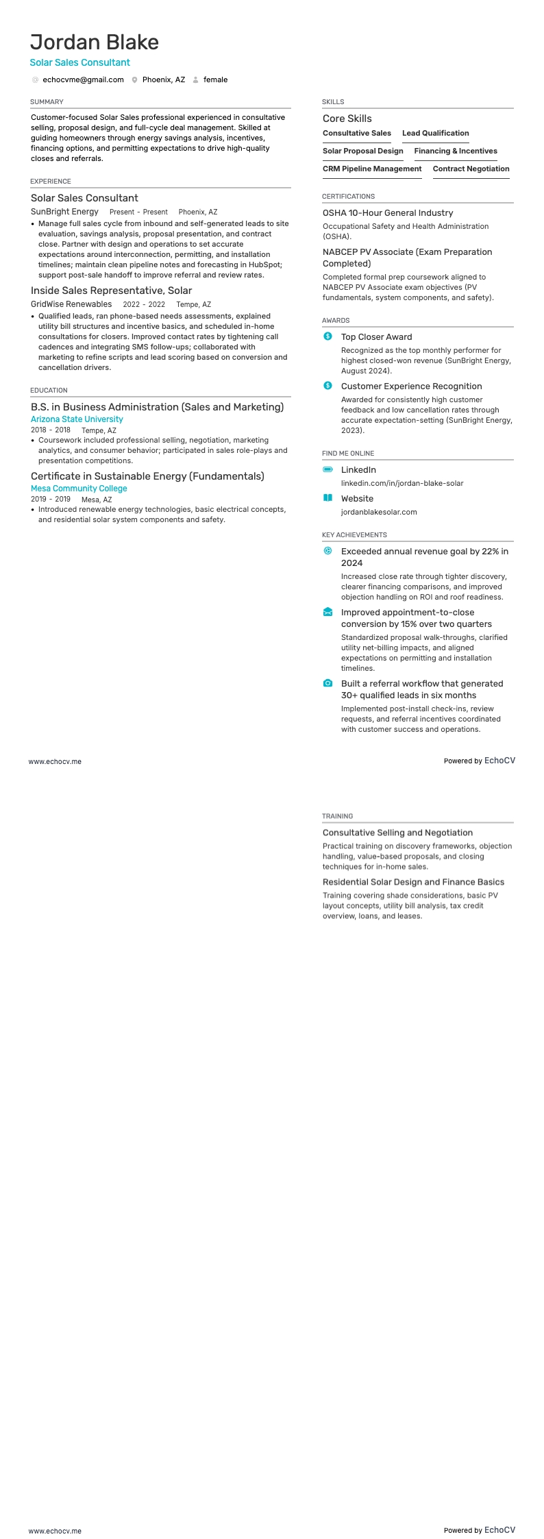 Solar Sales example resume