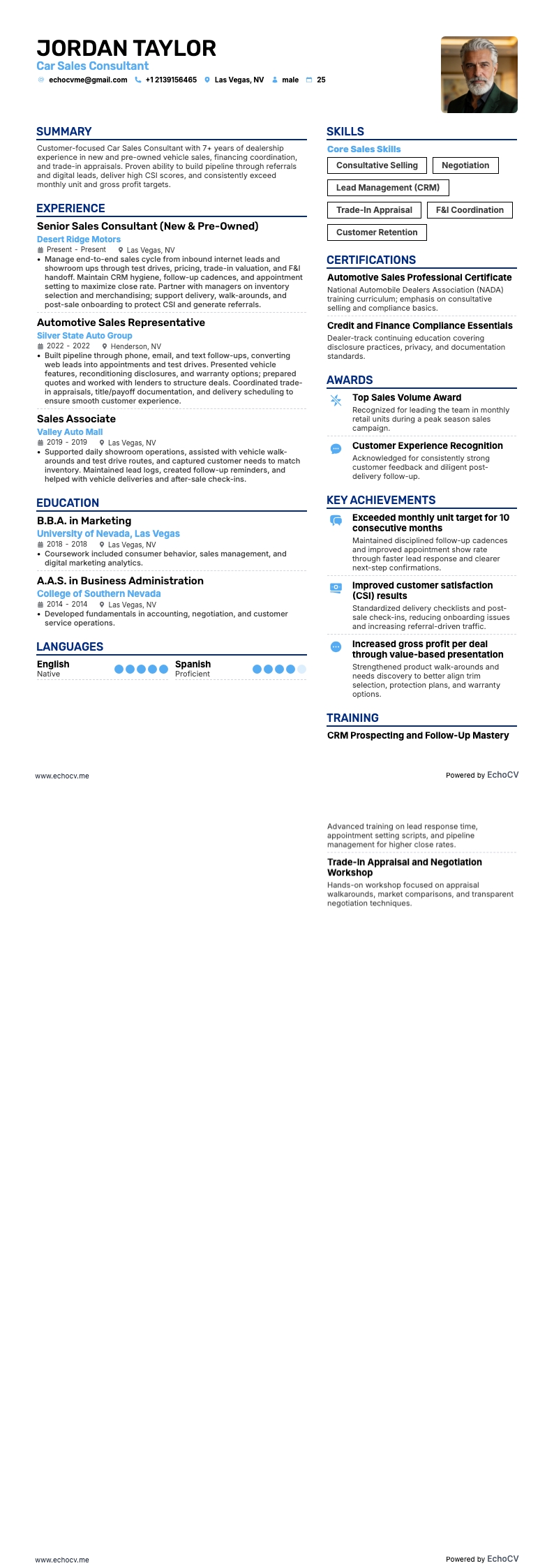 Car Sales example resume