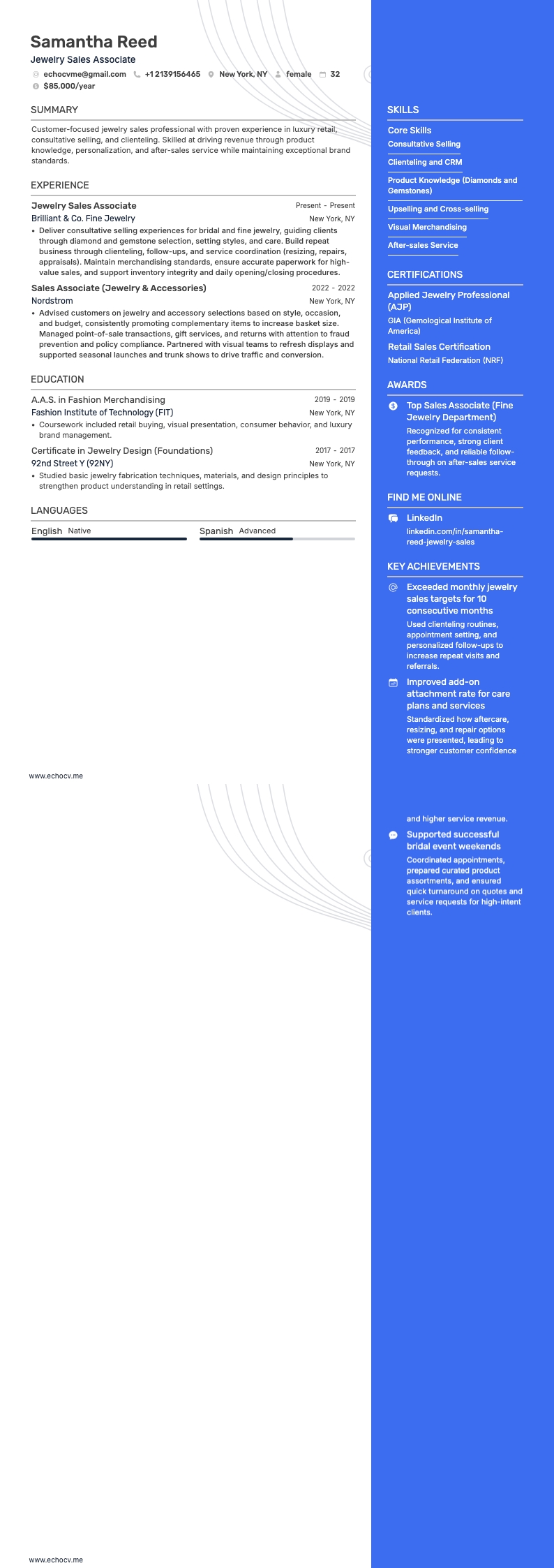 Jewelry Sales example resume