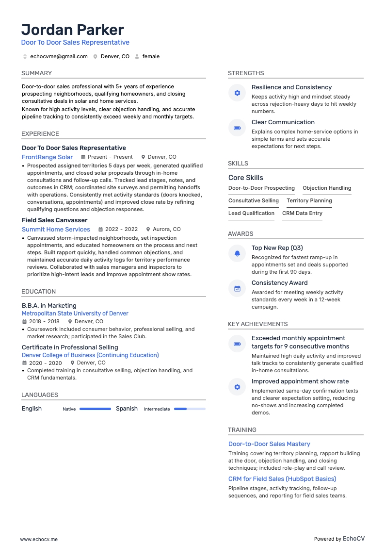 Door To Door Sales example resume