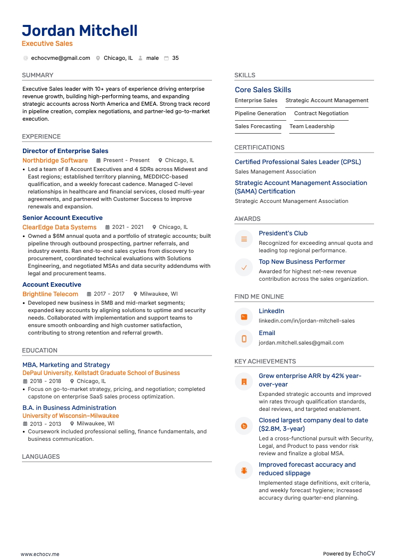 Executive Sales example resume