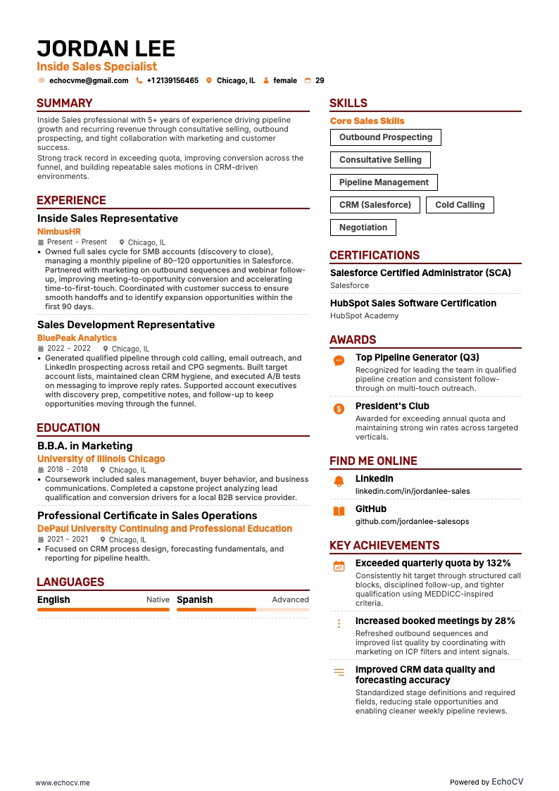 Inside Sales example resume