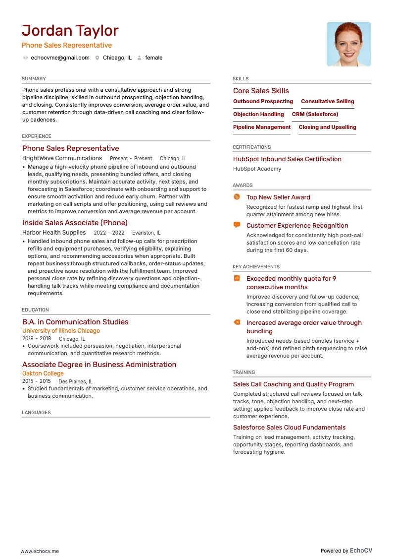 Phone Sales example resume