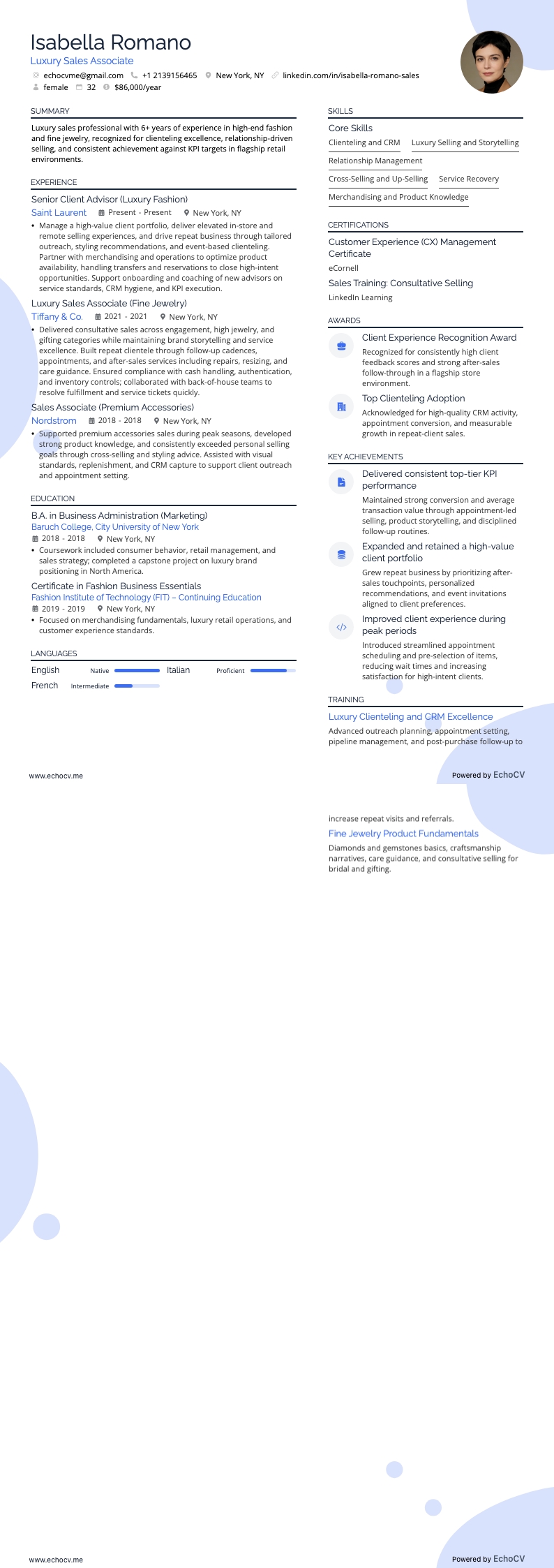 Luxury Sales example resume