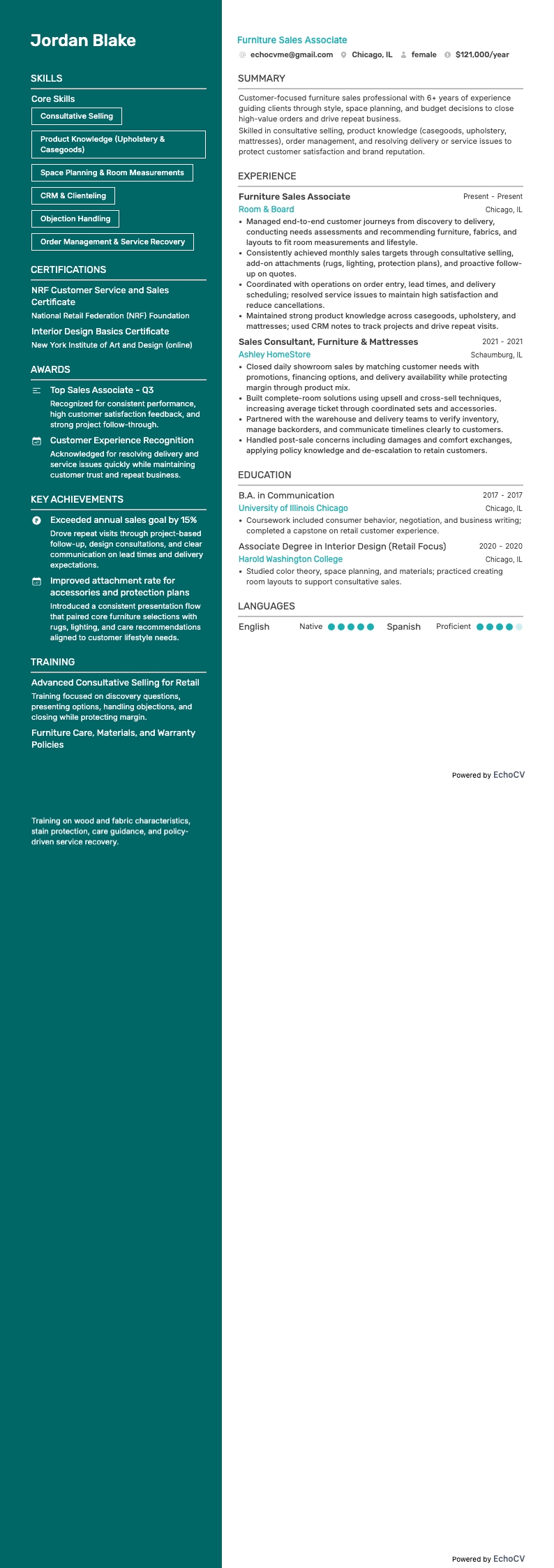 Furniture Sales example resume