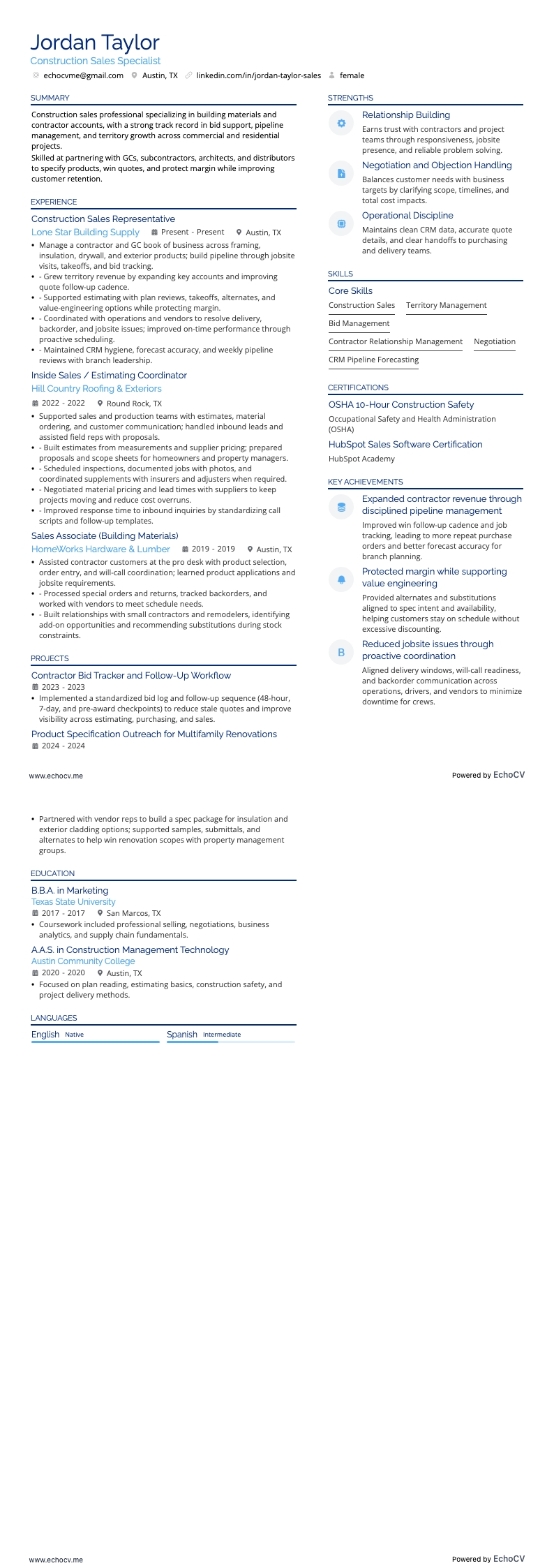 Construction Sales example resume