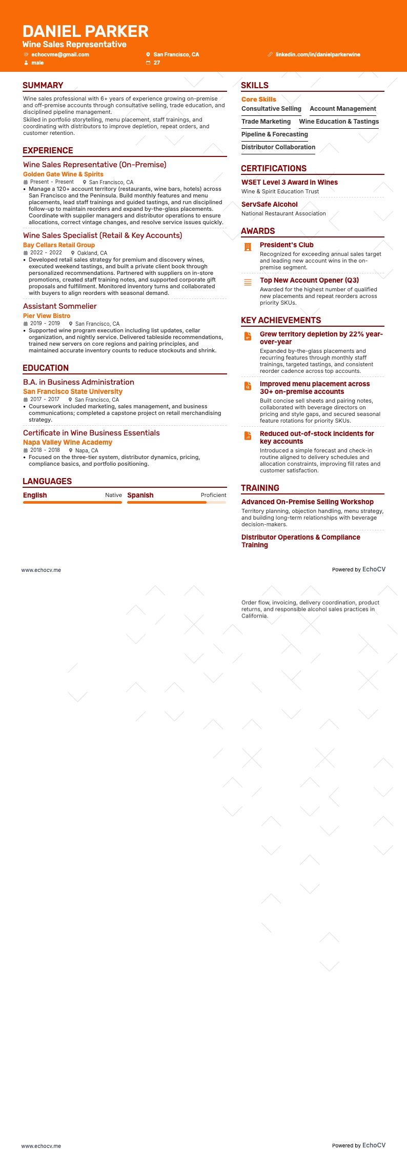 Wine Sales example resume