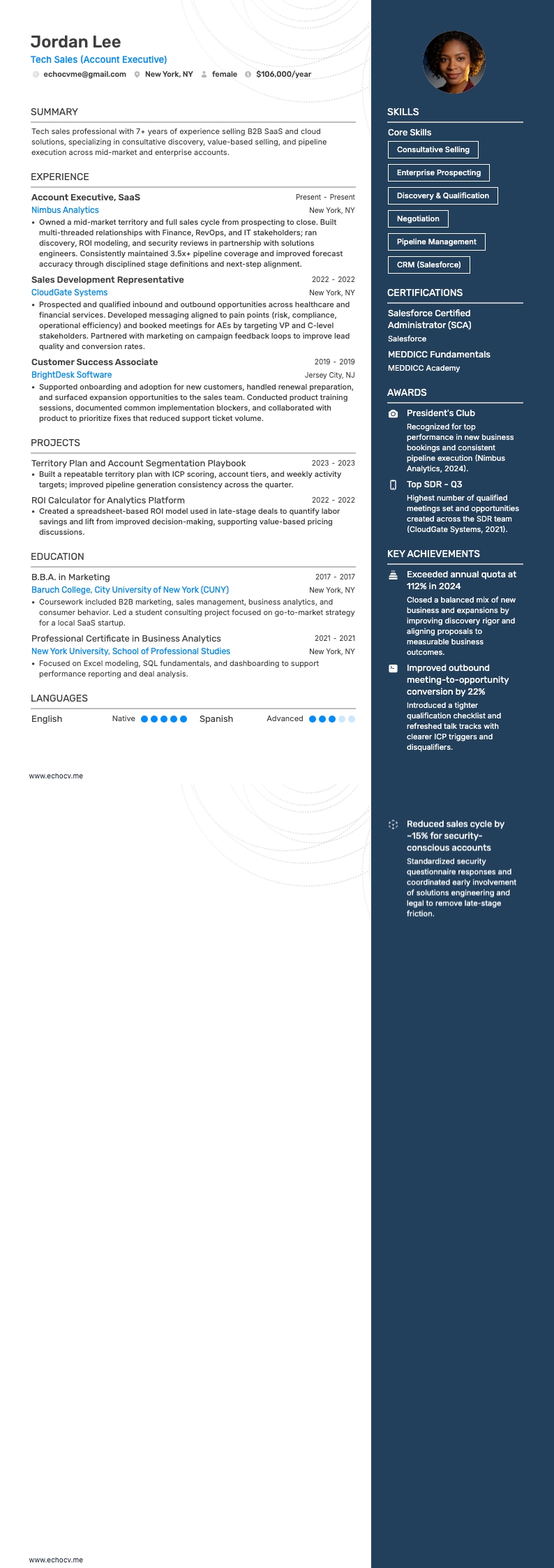 Tech Sales example resume
