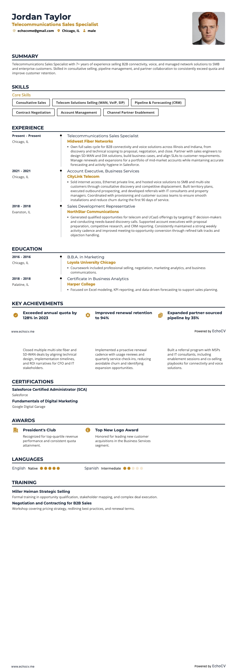 Telecommunications Sales Specialist example resume