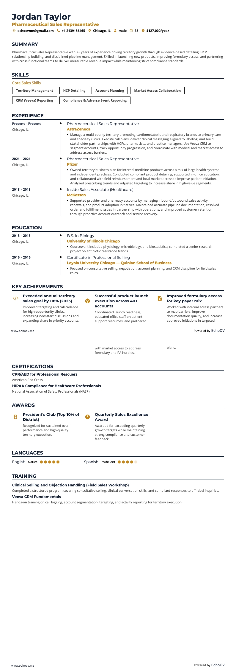 Pharmaceutical Sales Representative example resume