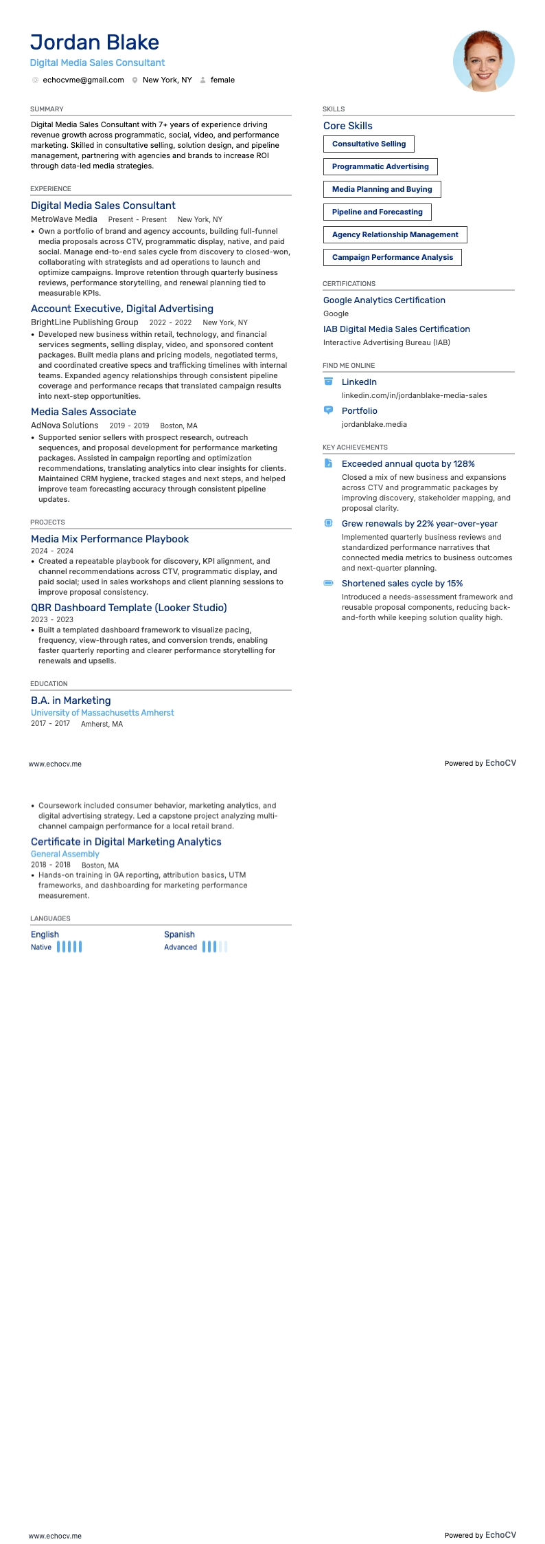 Digital Media Sales Consultant example resume