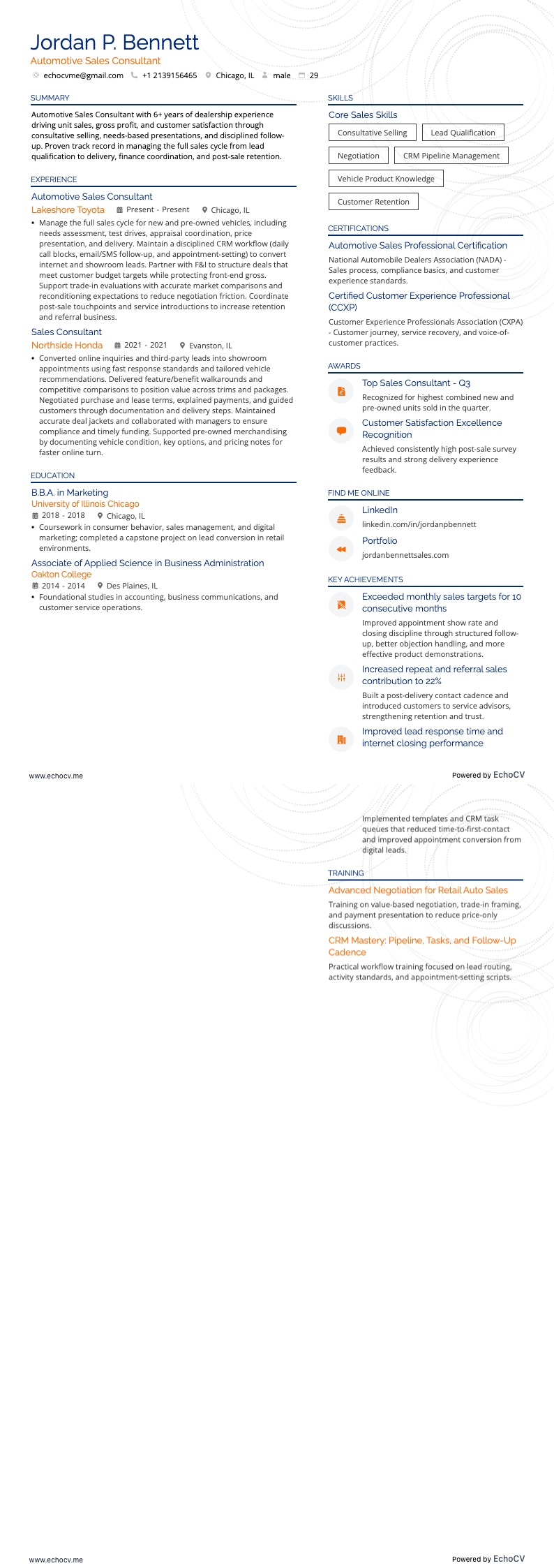 Automotive Sales Consultant example resume