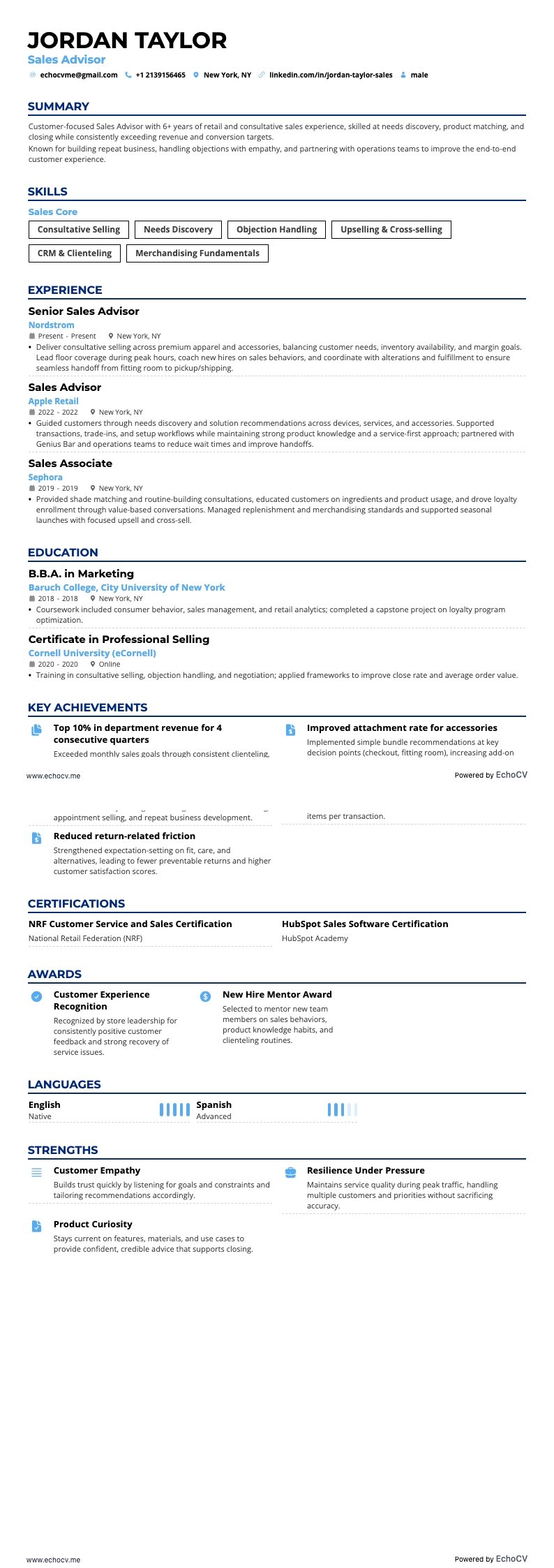 Sales Advisor example resume