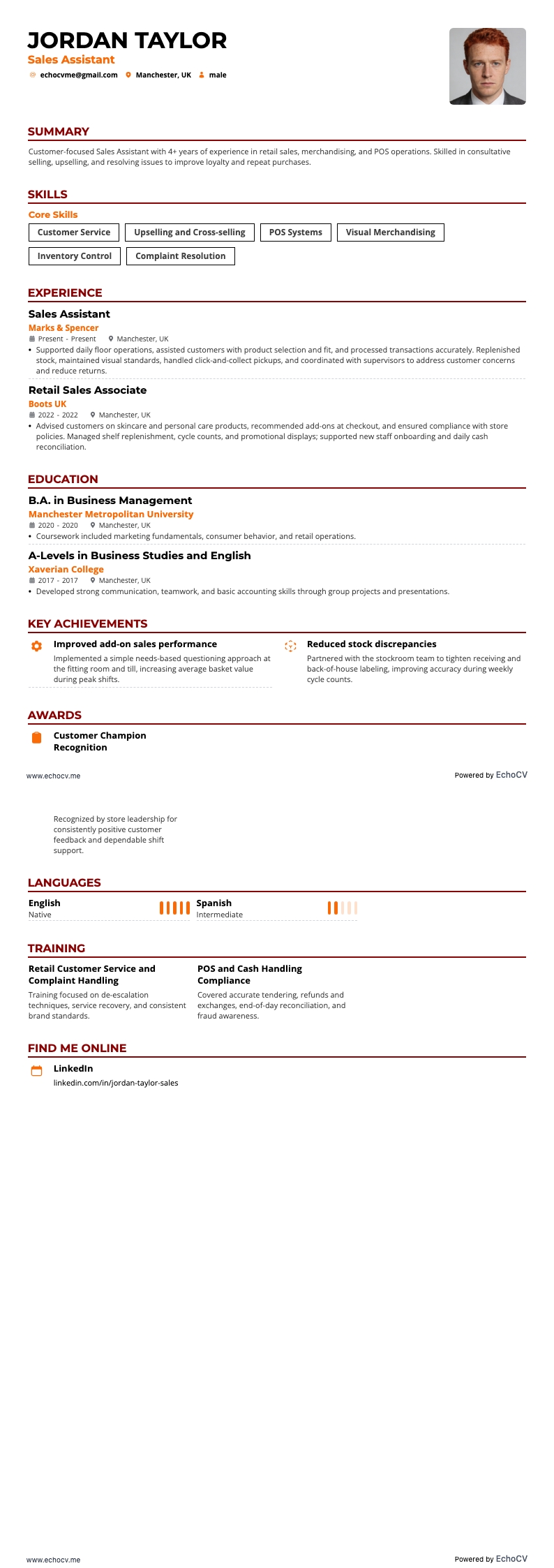 Sales Assistant example resume