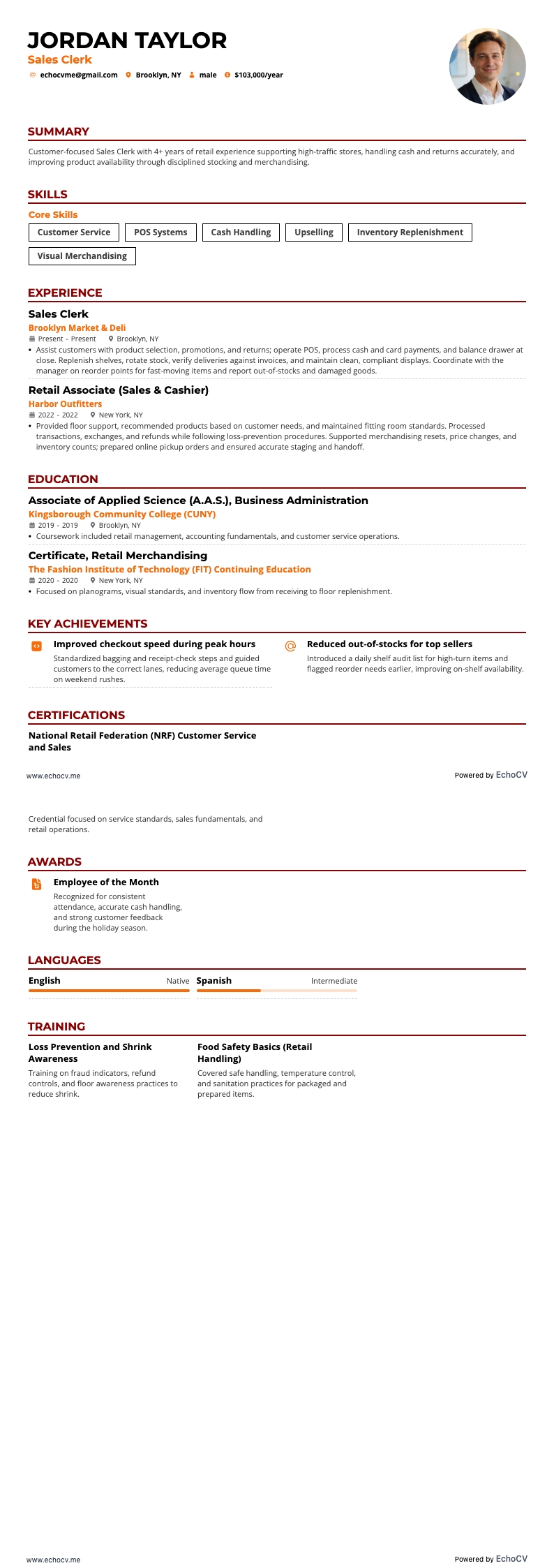 Sales Clerk example resume