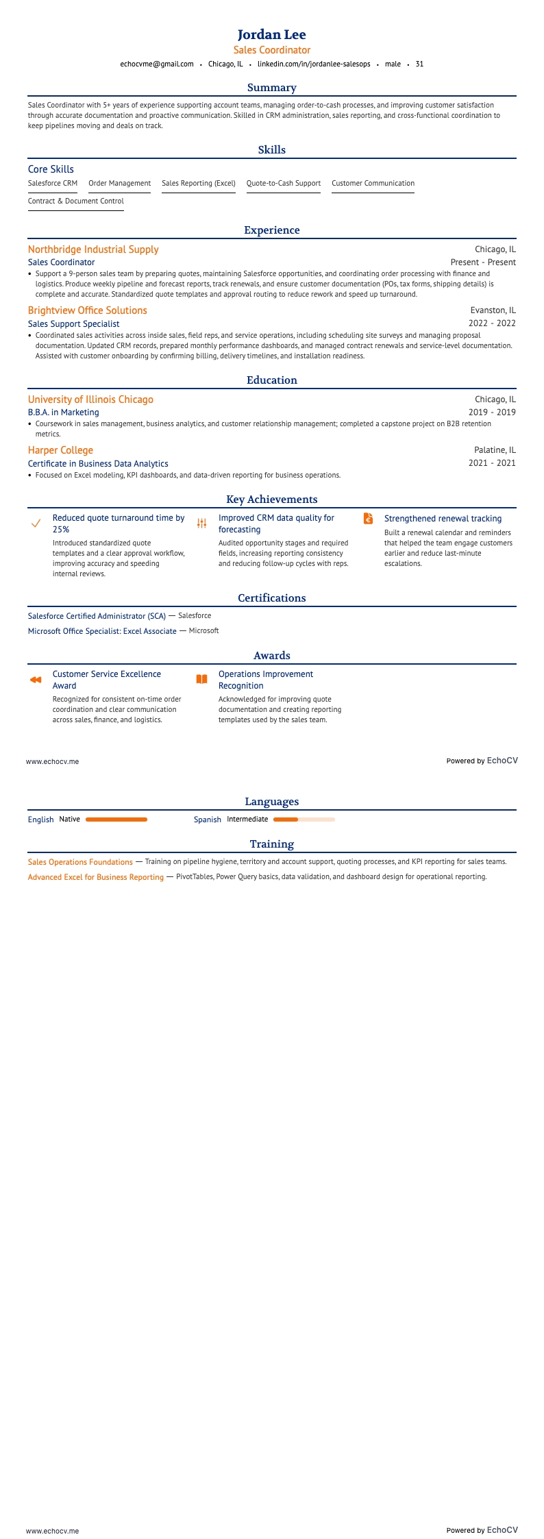 Sales Coordinator example resume
