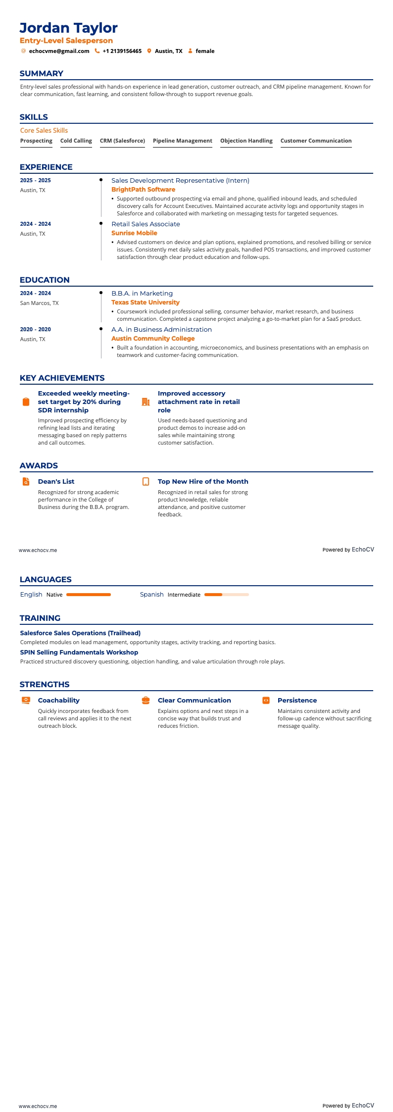 Entry-Level Salesperson example resume