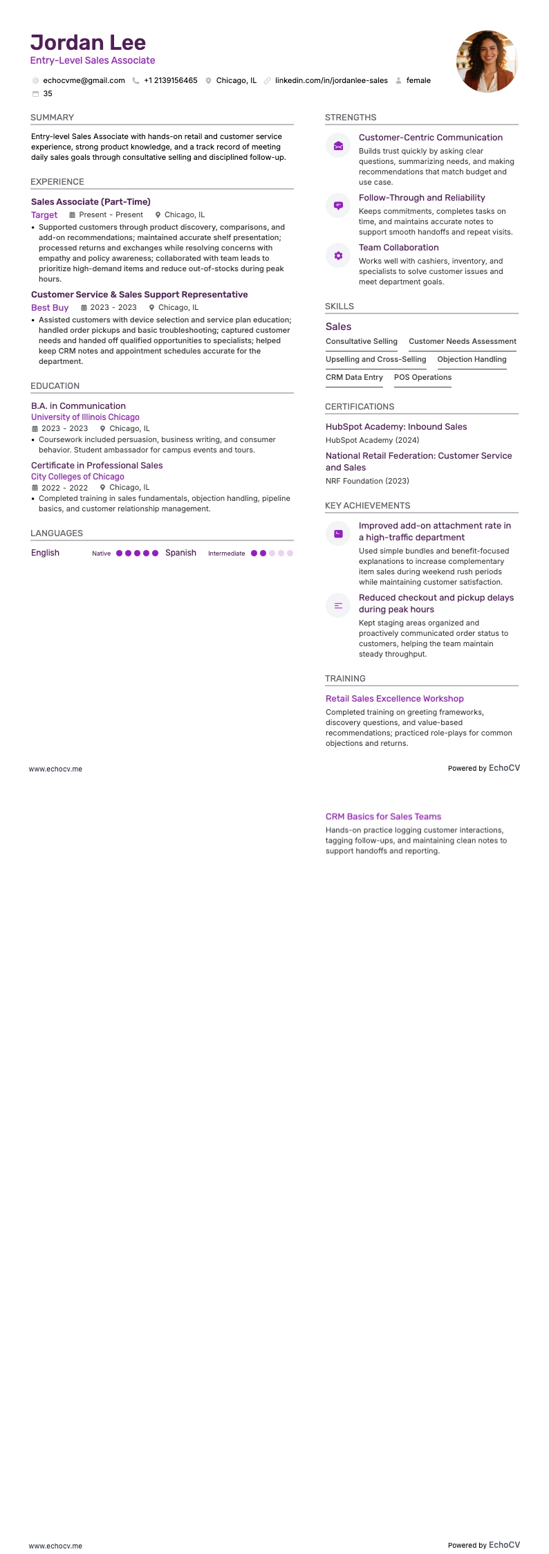 Entry-Level Sales Associate example resume