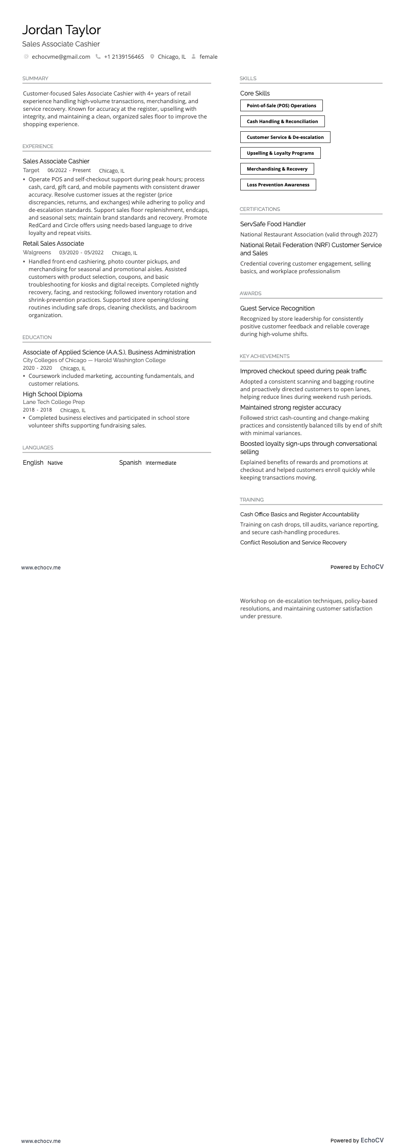 Sales Associate Cashier example resume