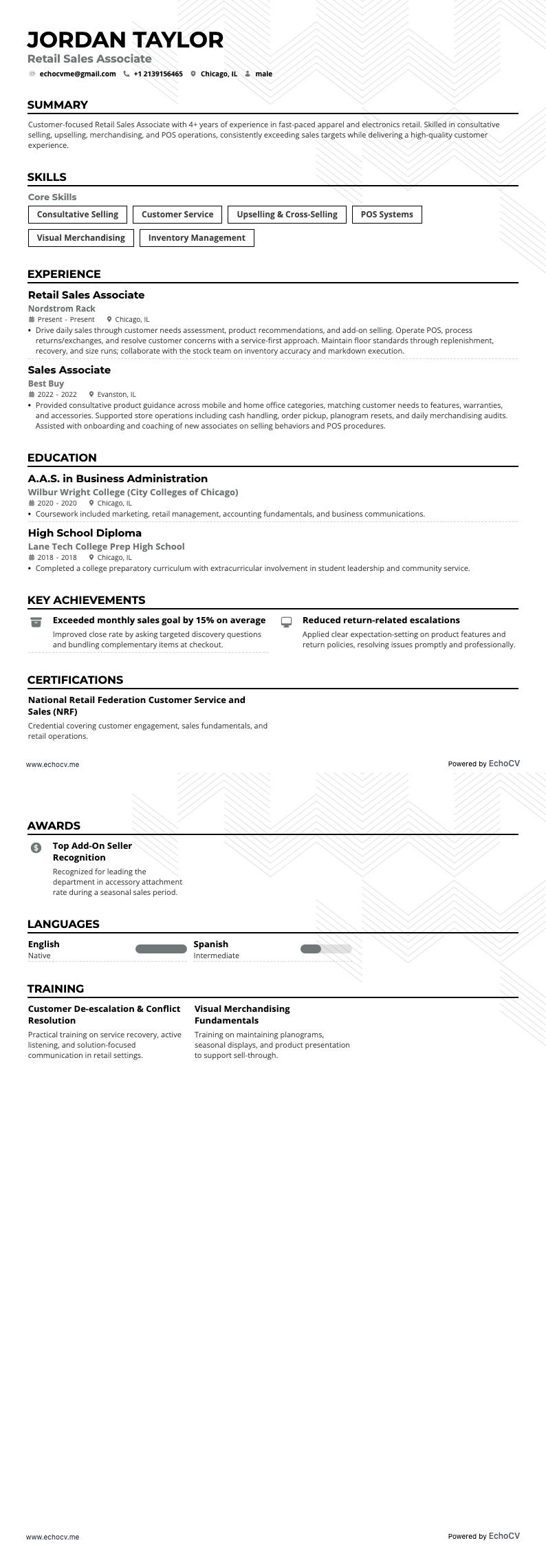 Retail Sales Associate example resume