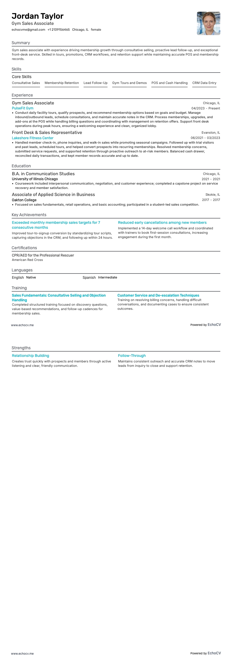 Gym Sales Associate example resume