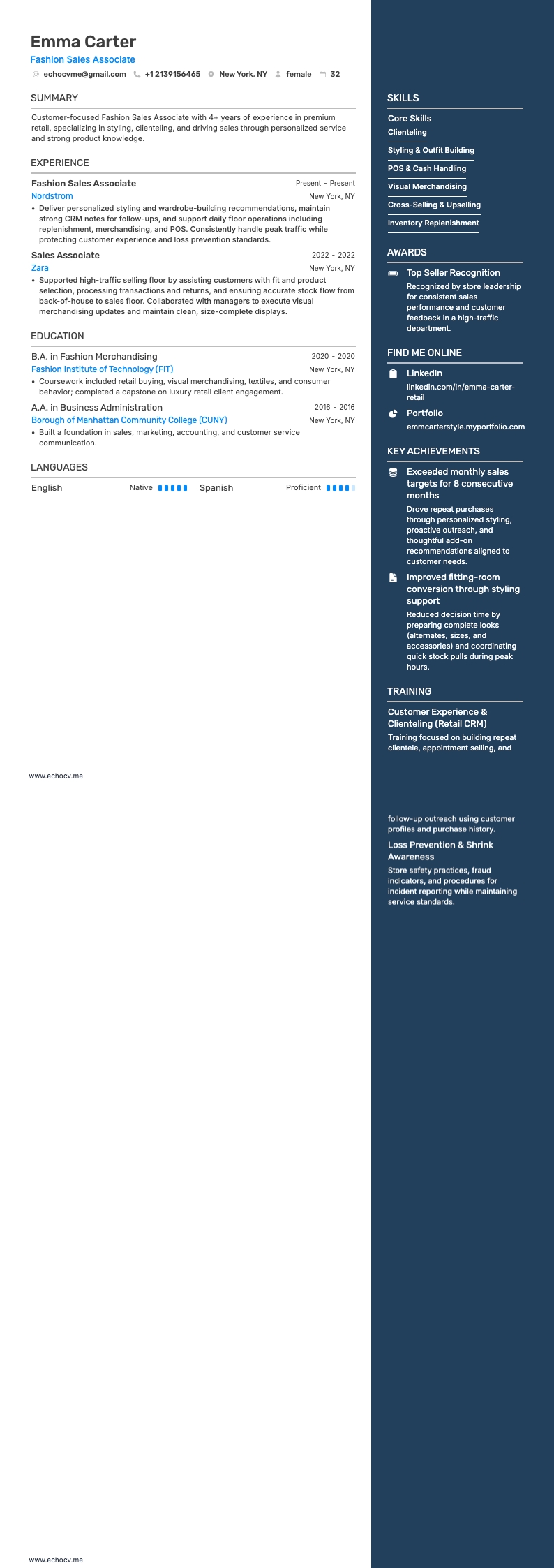 Fashion Sales Associate example resume