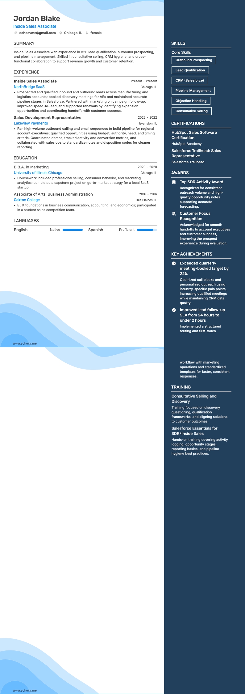 Inside Sales Associate example resume