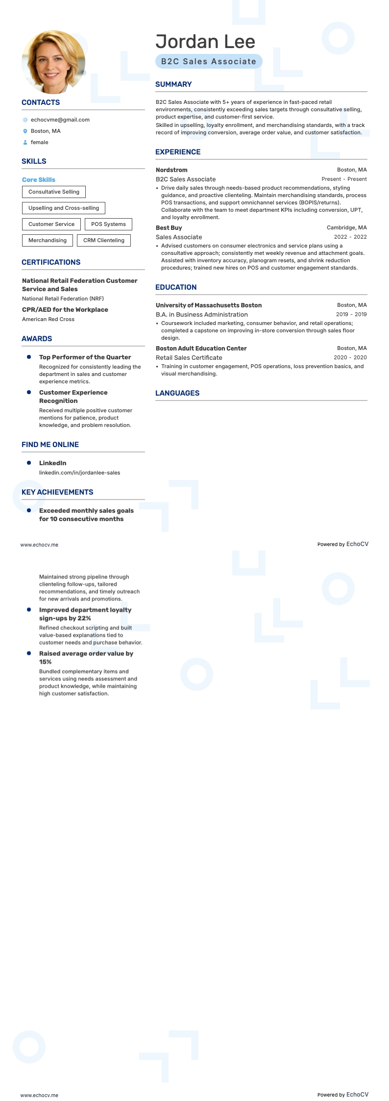 B2C Sales Associate example resume