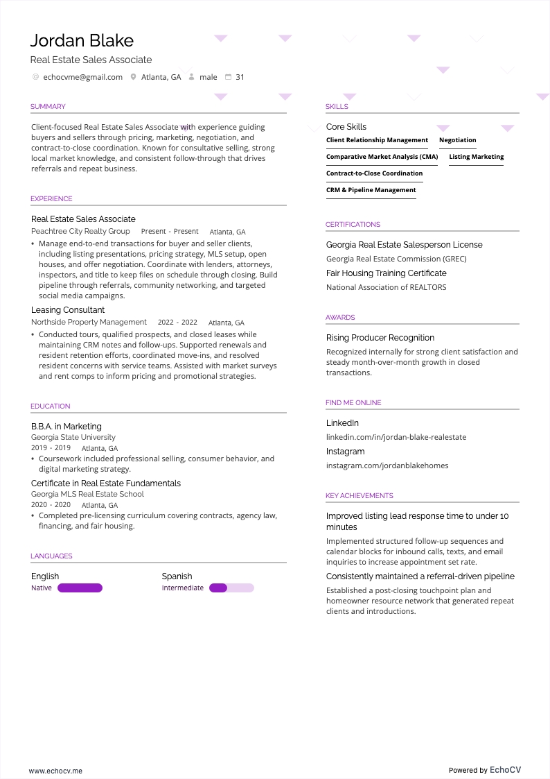 Real Estate Sales Associate example resume