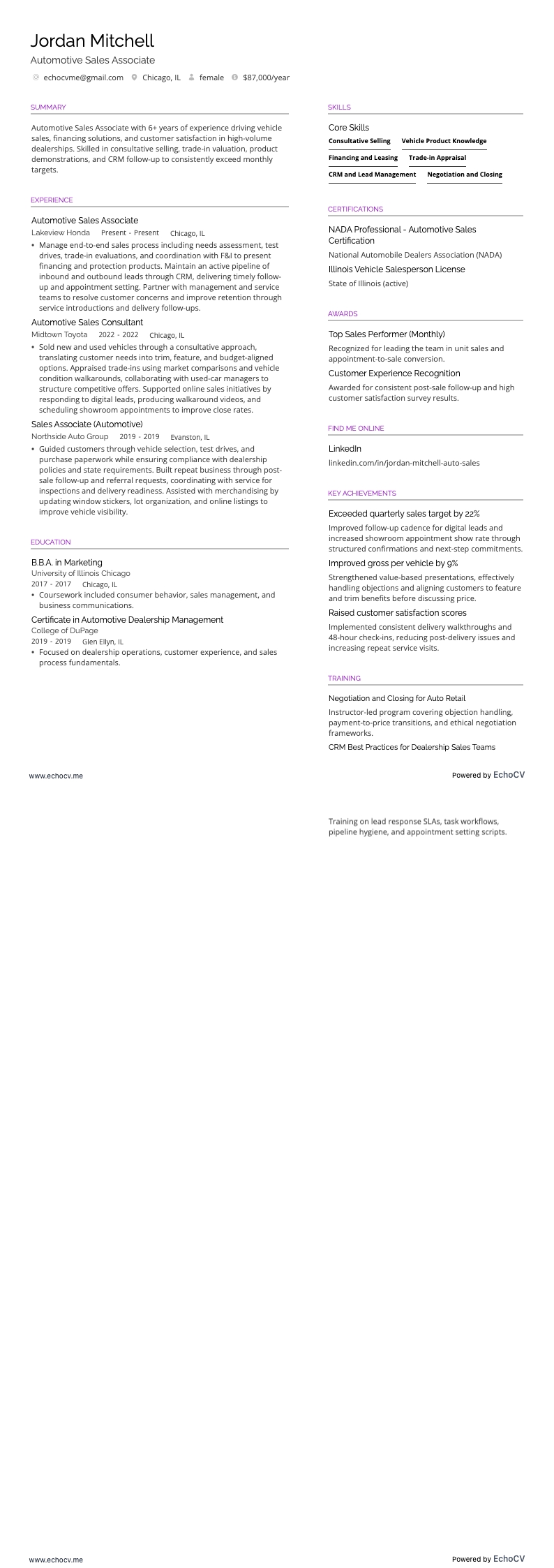 Automotive Sales Associate example resume