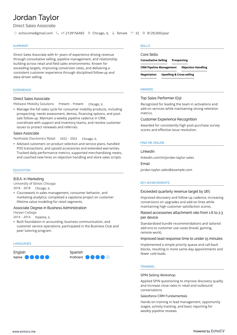 Direct Sales Associate example resume