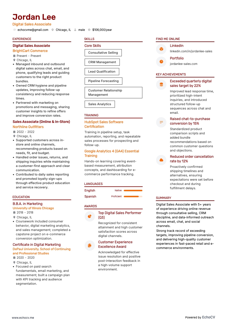 Digital Sales Associate example resume