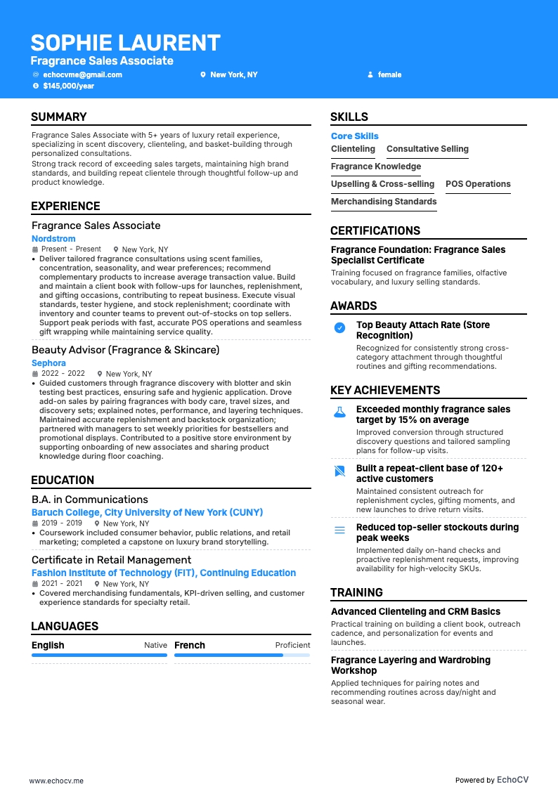 Fragrance Sales Associate example resume