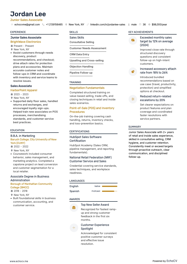 Junior Sales Associate example resume