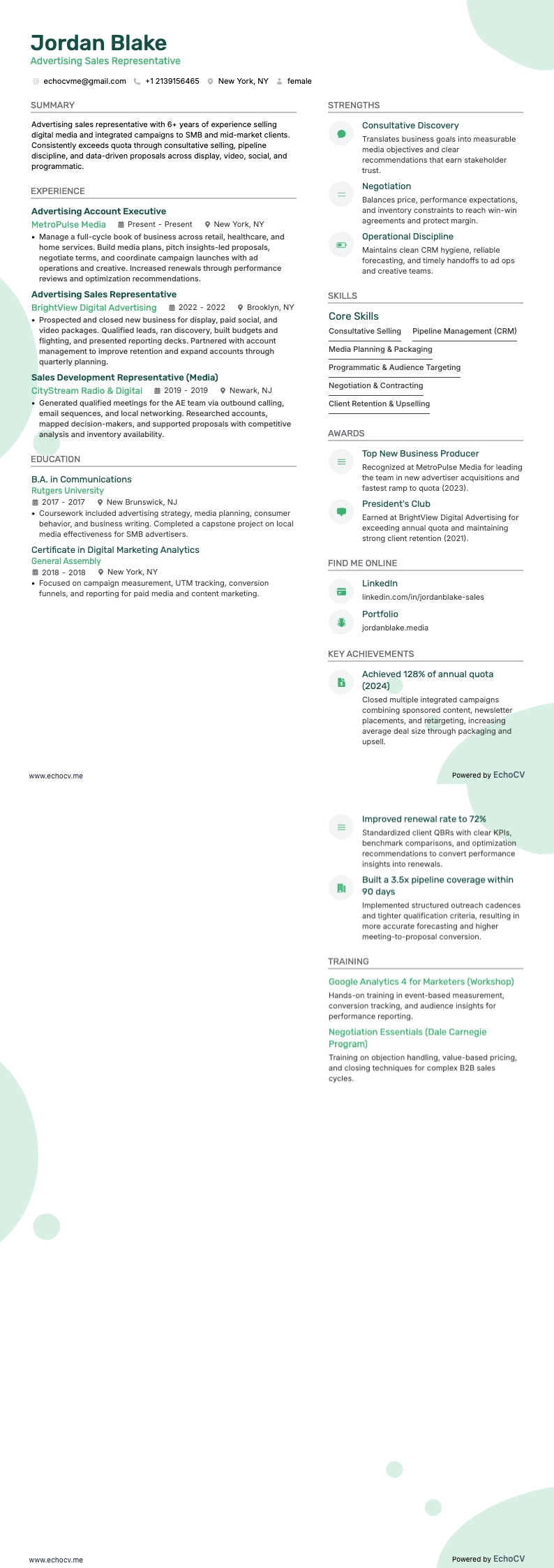 Advertising Sales Representative example resume