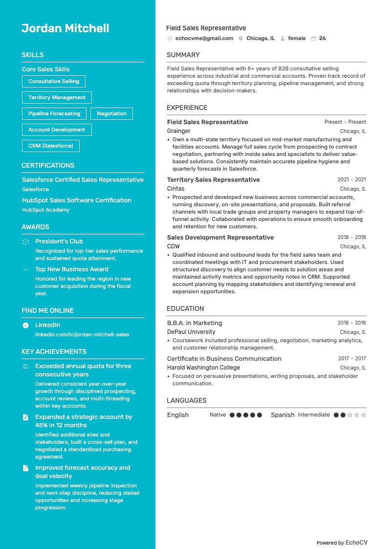 Field Sales Representative example resume