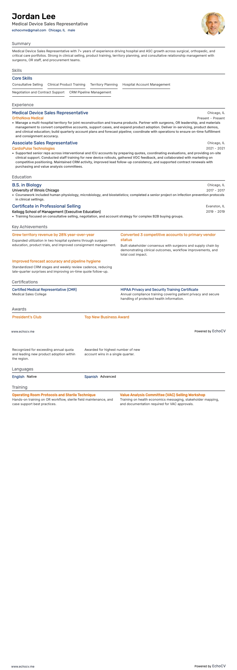 Medical Device Sales Representative example resume