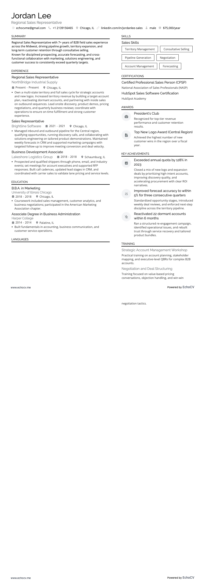Regional Sales Representative example resume