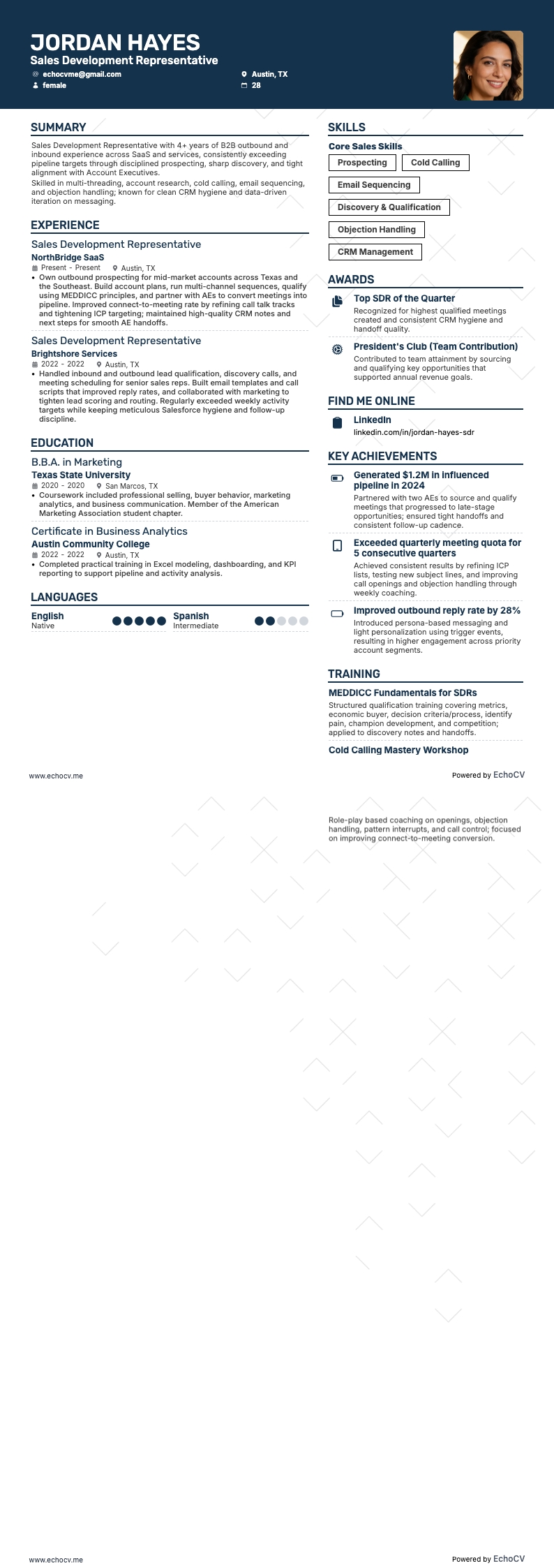 Sales Development Representative example resume