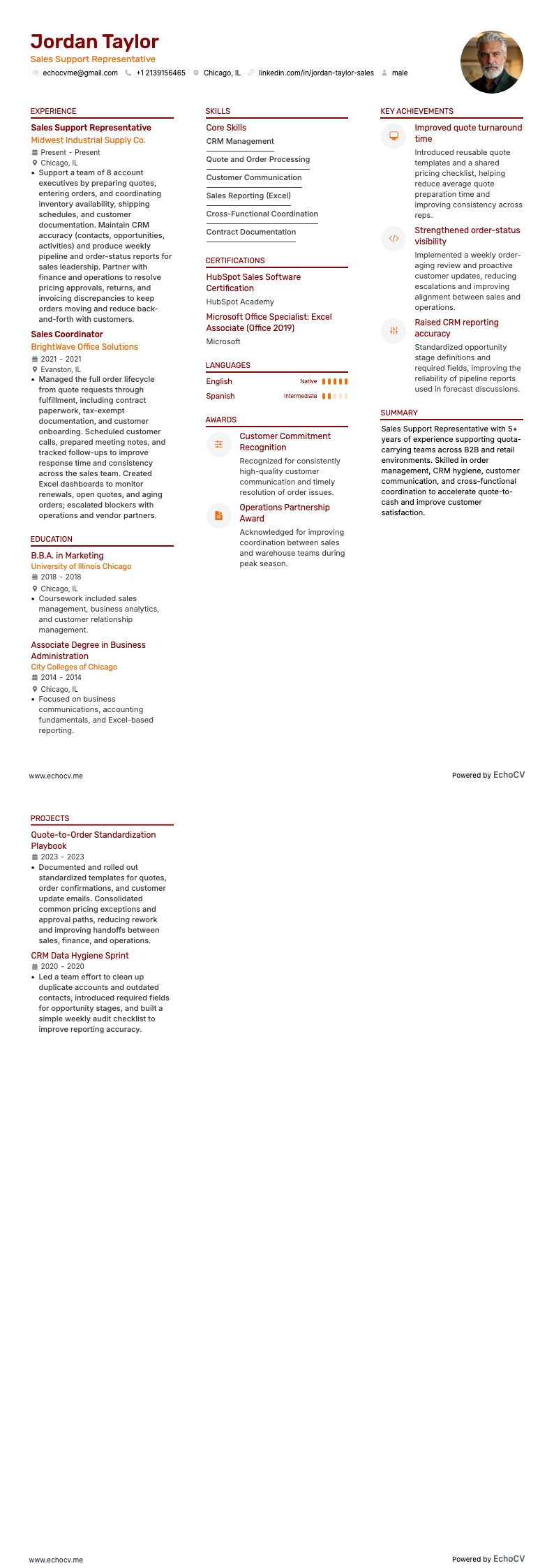 Sales Support Representative example resume