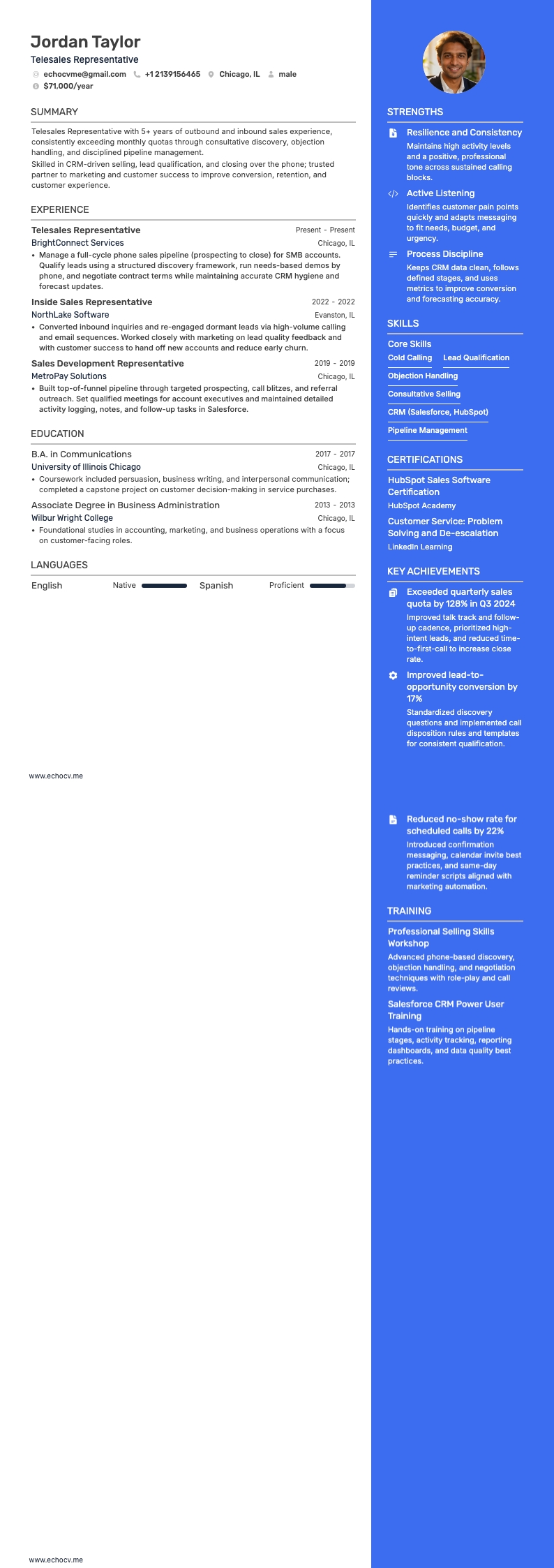 Telesales Representative example resume